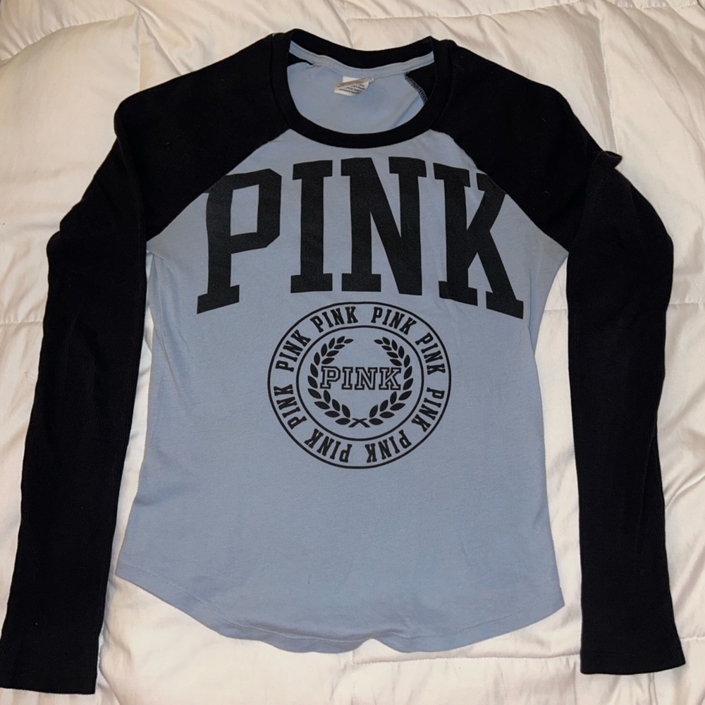 PINK Victoria's Secret Baby Blue and Black Baseball Tee Women’s XS